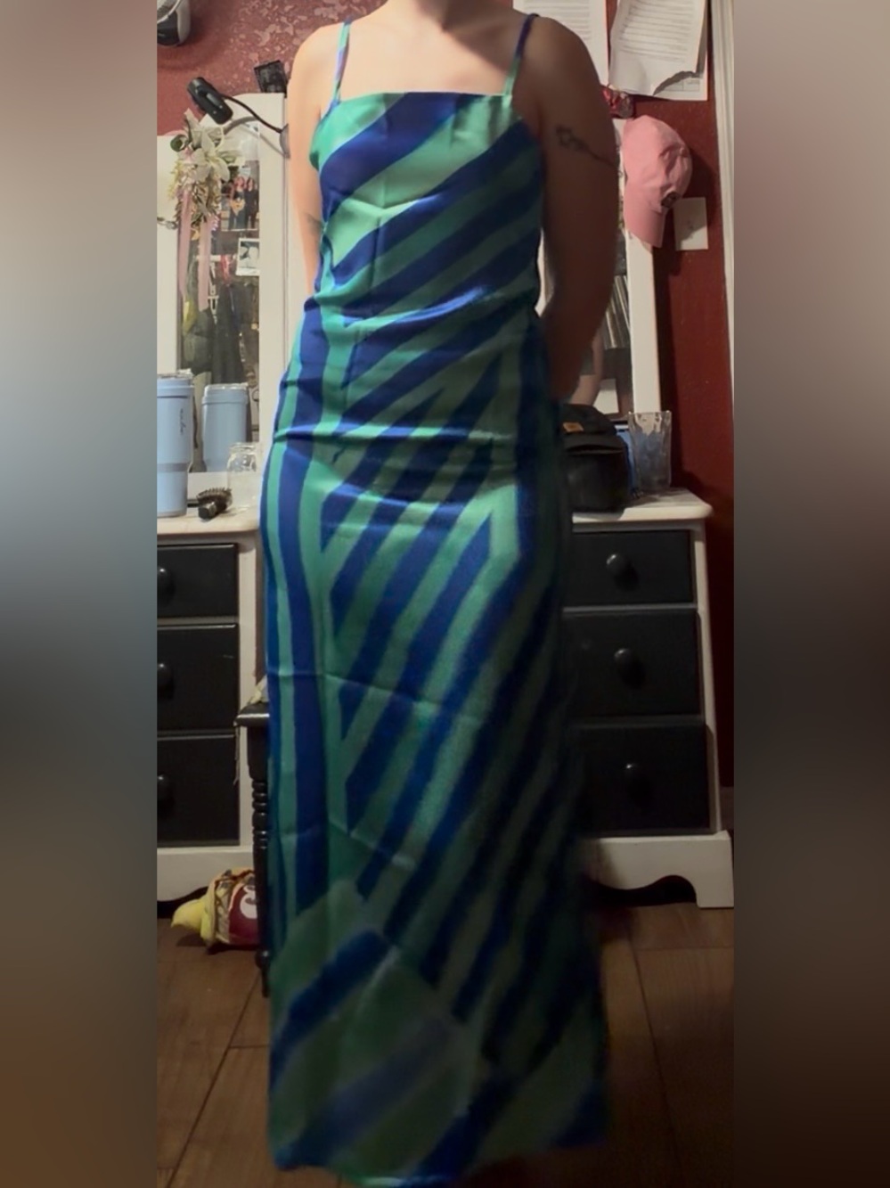 Green & Blue Striped Slip Maxi Dress